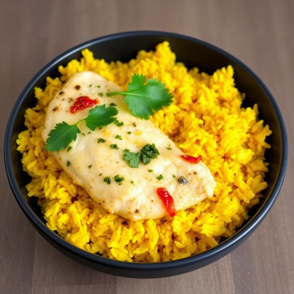 FN006 - Arroz con Curcuma (Turmeric), Pechuga en Salsa de Cilantro y Vegetales