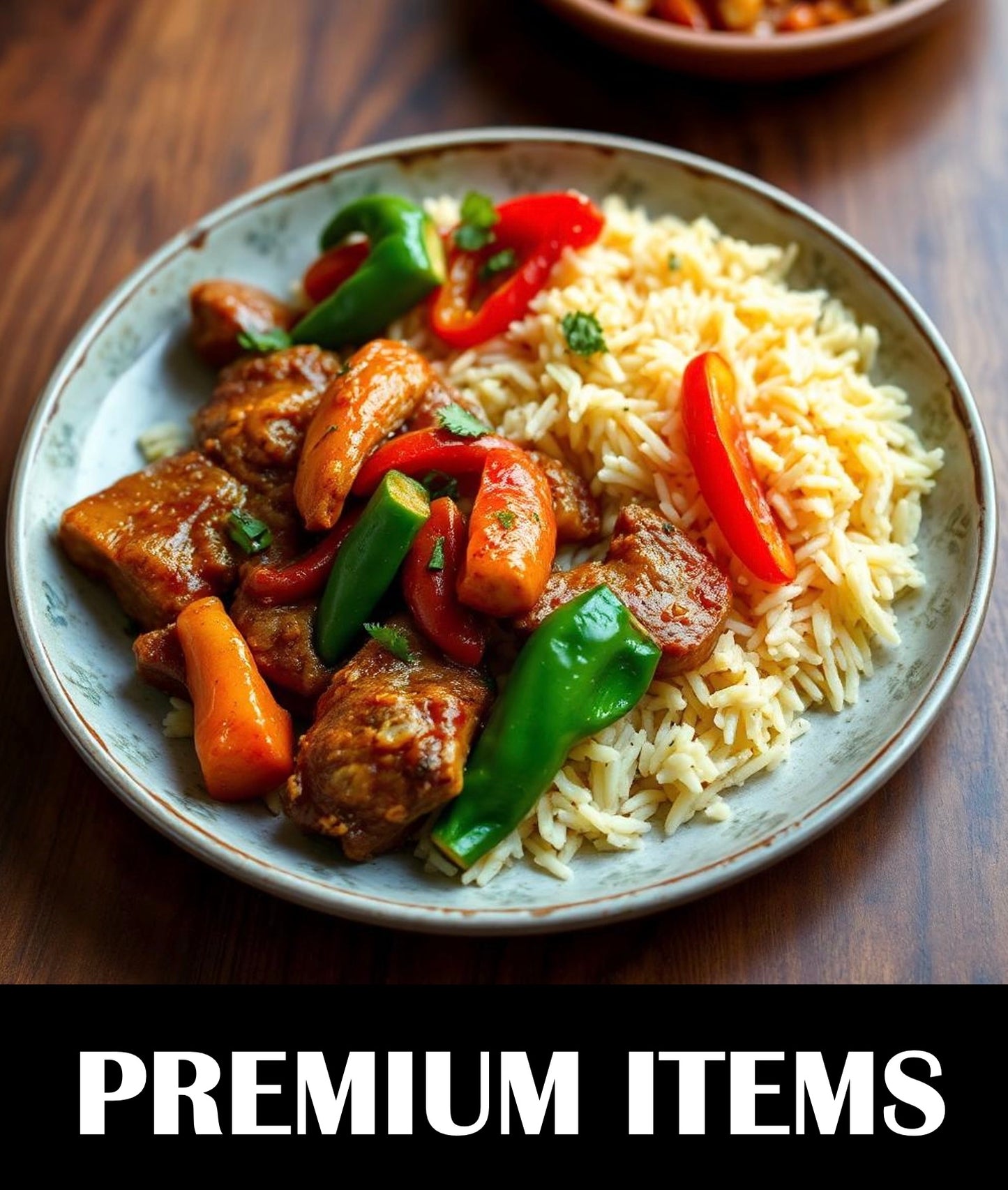 FN022- Arroz Provenzal y Lomo de Cerdo en Salsa Agridulce con Amarillos