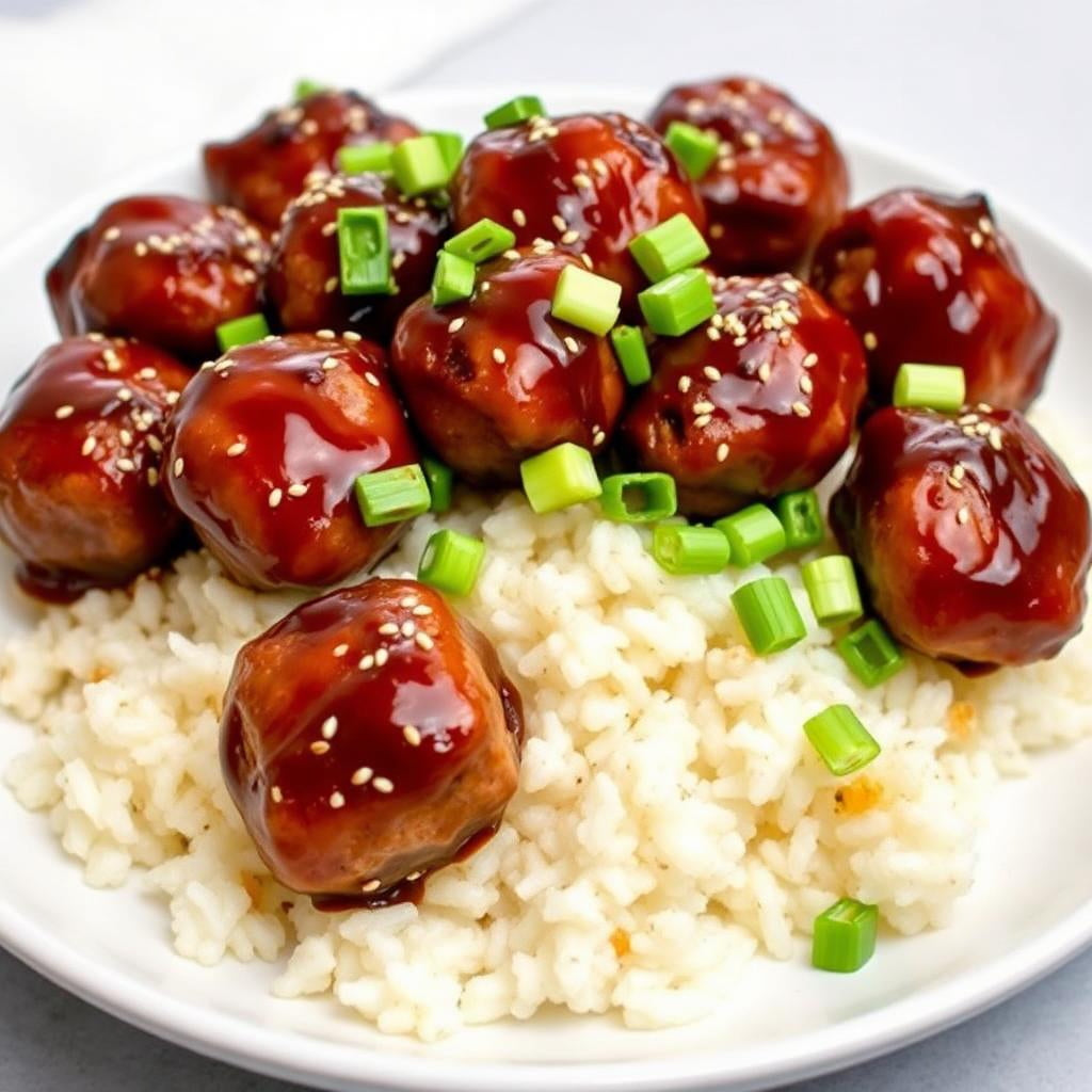 FN024 - Albondigas en Salsa Sesame y Gengibre con Arroz con Cebolla
