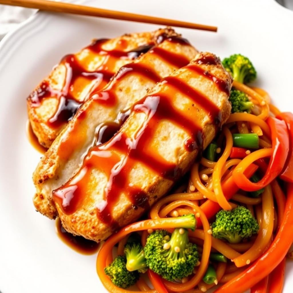 FN065 - Lo Mein de Vegetales y Lomo en Salsa de Sesame Teriyaki