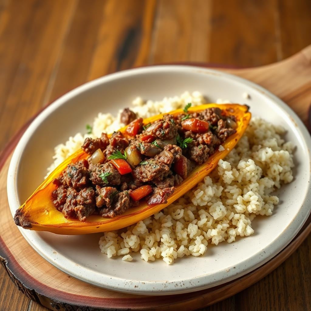 FN066 - Canoa de Amarillos Rellena de Carne de Res y Queso, con Arroz Provenzal