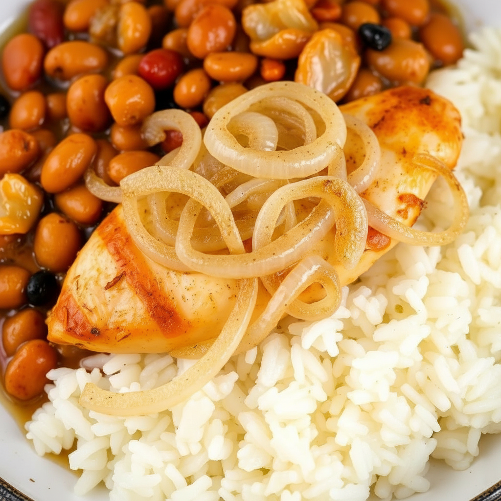 FN108 - Arroz Blanco, Habichuelas Guisadas y Pechuga Encebollada