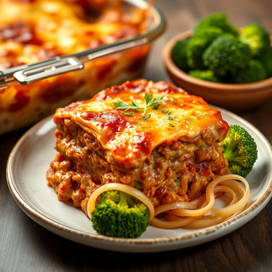 FN150- Lasaña de Carne de Res en Salsa Marinara y Vegetales al Vapor