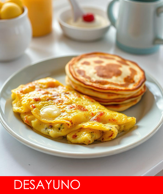 FNB010 - Omelette de Jamon, Queso, Vegetales y Pancakes Alto en Proteina
