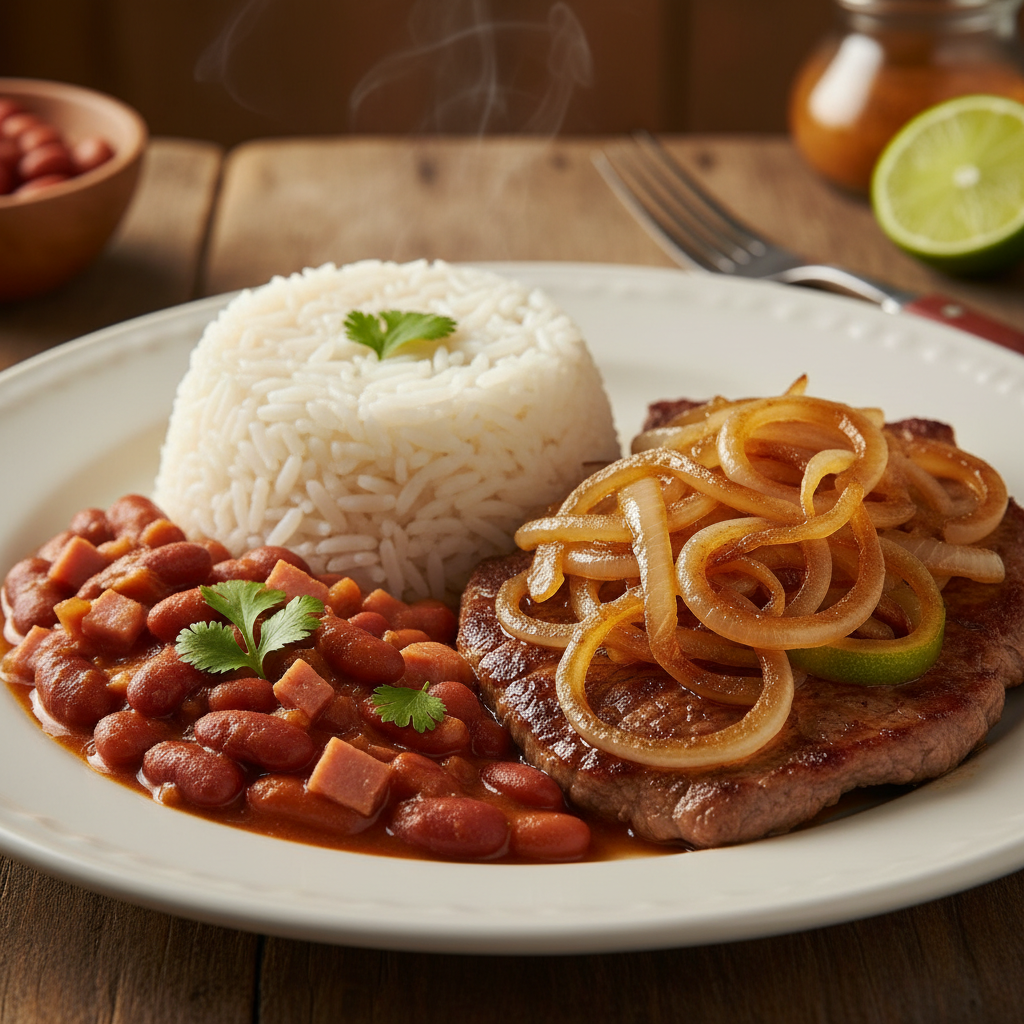 FN224 - Arroz Blanco Habichuelas Rojas y Bistec Encebollado