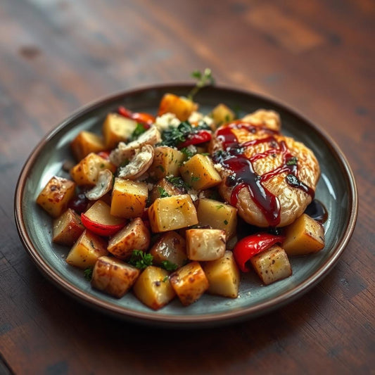 FN067- Papas en Glaceado Balsámico con Ajo, Parmesano Vegetales y Pollo