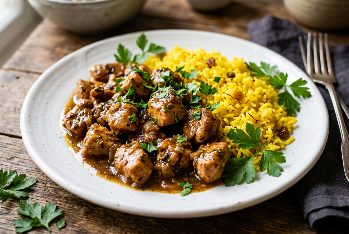 FN168- Arroz Guisado con Trozos de Chuleta de Pavo en Salsa Criolla y Amarillos