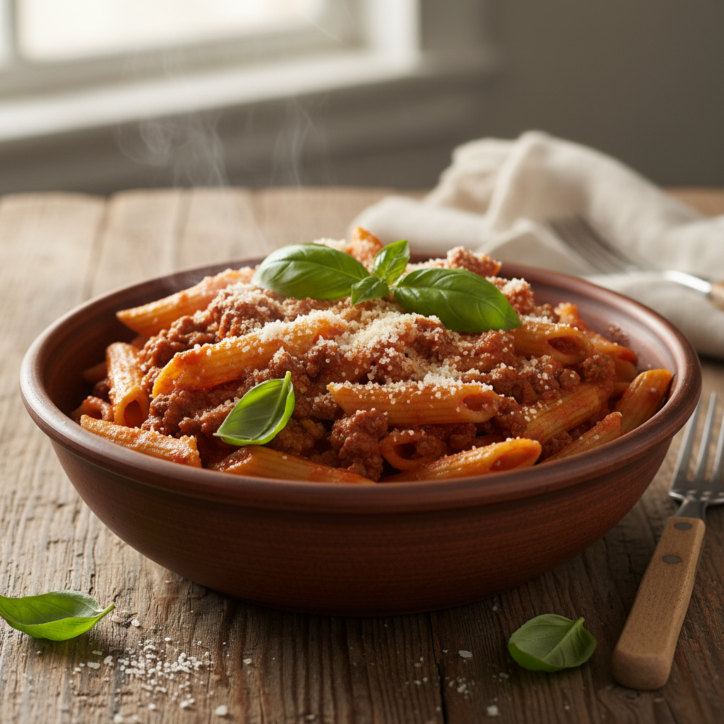 FN090- Penne Pasta con Carne de Res en Salsa Marinara y Habichuelas Tiernas