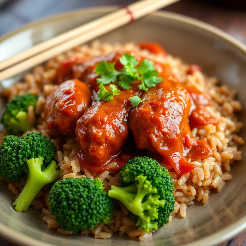 FN085 - Arroz con Cebolla, Albondigas Thai Sweety Chilly y Brocoli (Spicy)