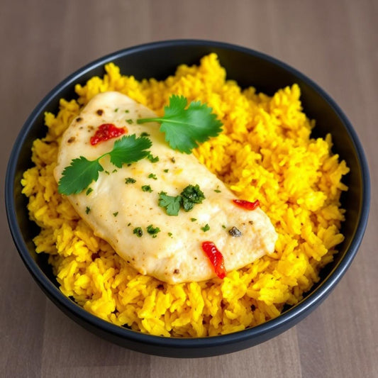 FN006 - Arroz con Curcuma (Turmeric), Pechuga en Salsa de Cilantro y Vegetales