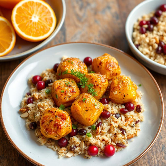 FN007- Arroz con Almendras y Cranberries con Pollo en Salsa de Naranja y Amarillos