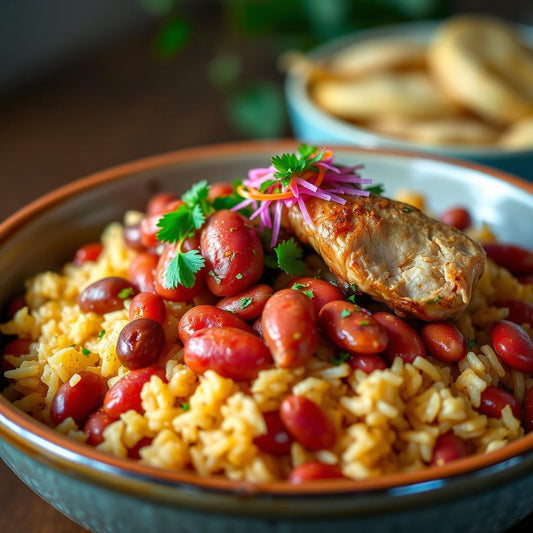 FN076 Arroz con Salchichas de Pollo, Habichuelas Rosadas y Caderas de Pollo al Horno