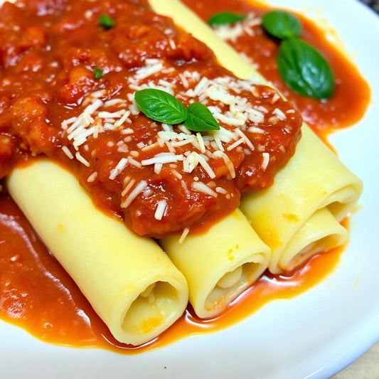 FN081 - Manicottis Relleno de Queso Ricotta, Salsa Marinara y Mozzarella