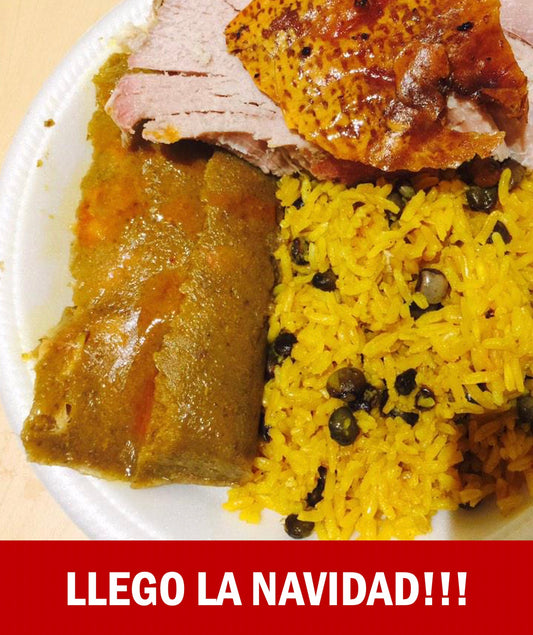 FN223 Pastel de Masa de Yuca relleno de Cerdo con Arroz con Gandules y Pernil