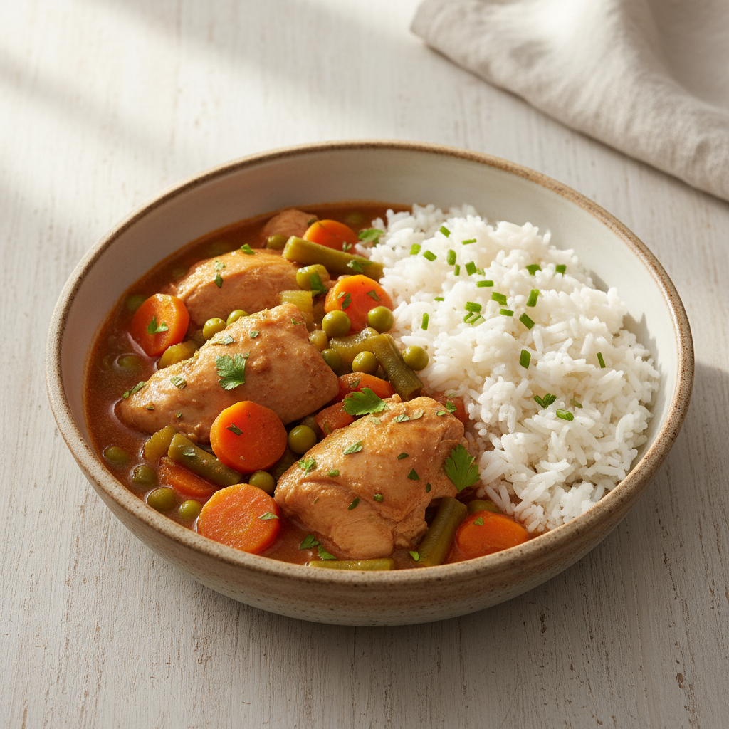 FN244- Arroz Blanco y Fricase de Pechuga de Pollo a la Jardinera