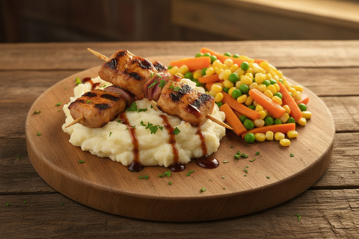 FN213 - Mini Pinchos de Pollo BBQ con Majado de Papa y Vegetales Mixtos