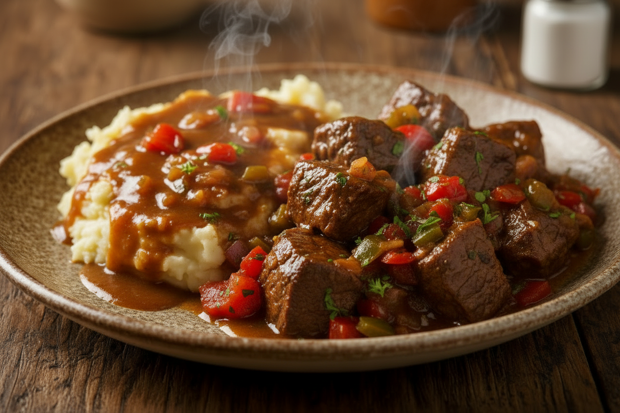 FN226 - Majado de Papa Roja y Bistec en Salsa Criolla