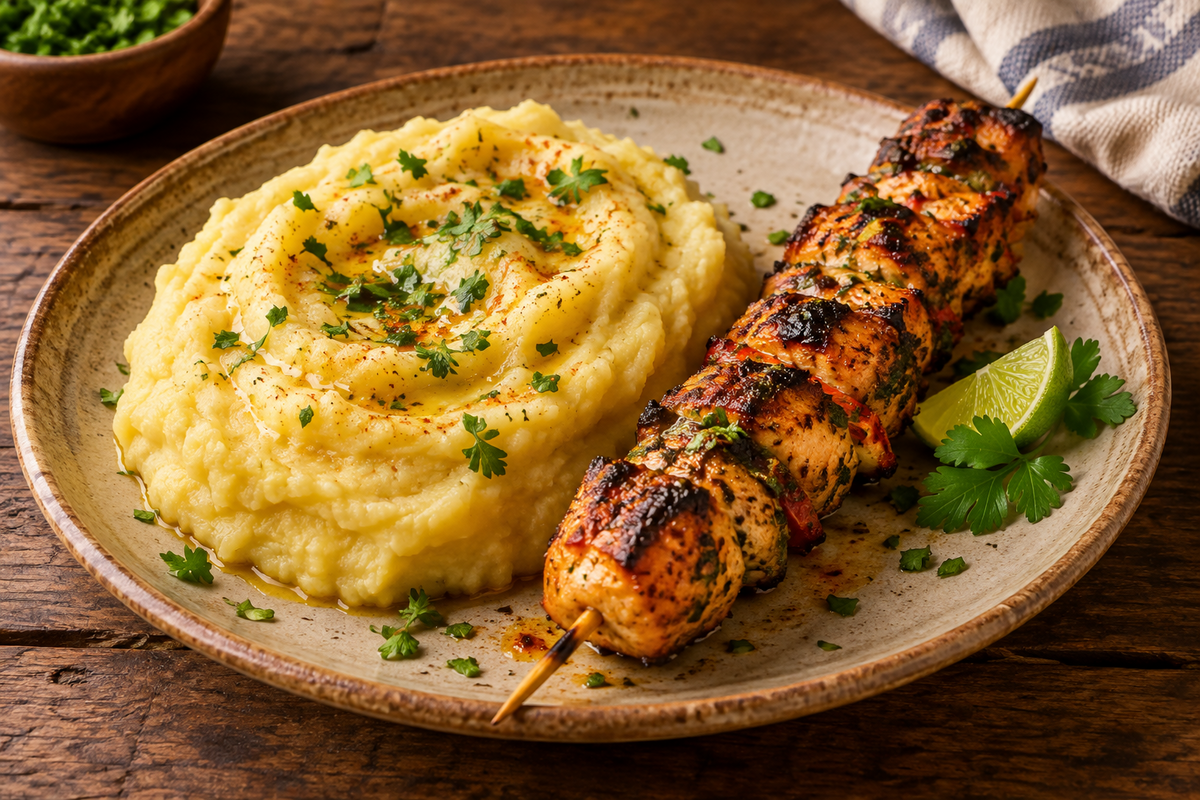 FN009-Majado Ñame, Pincho de Pollo con Salsa BBQ y Vegetales Mixtos