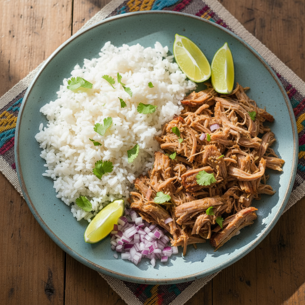 FN116 - Arroz Blanco, Carnitas de Cerdo y Amarillos