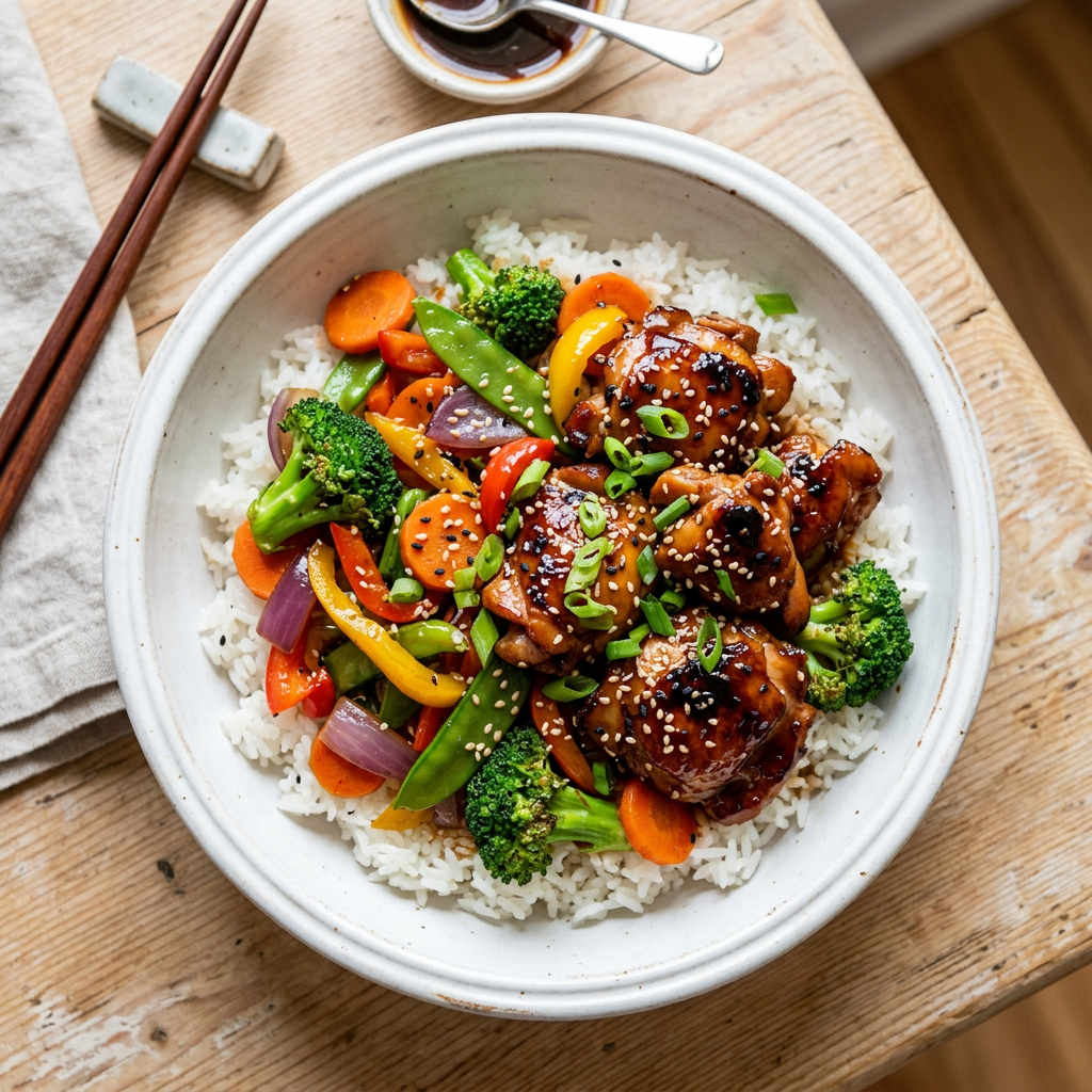 FN042 - Arroz Primavera con Pechuga Teriyaki y Vegetales Orientales